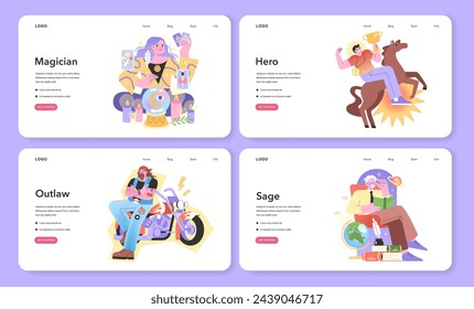 Conjunto de arquetipos. Cuatro personajes coloridos personifican arquetipos clásicos. Elementos creativos del sitio web con rasgos de personalidad distintivos. Ilustración vectorial.