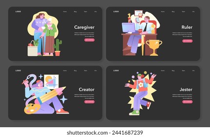 Archetype set. Tender Caregiver, authoritative Ruler, imaginative Creator, and playful Jester depicted in modern designs. Relationship and identity concepts. Vector illustration.