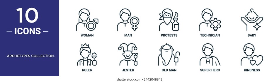 archetypes collection. outline icon set includes thin line woman, man, protests, technician, baby, ruler, jester icons for report, presentation, diagram, web design