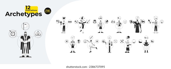 Archetypes psychology black and white 2D illustration concepts bundle. Archetypal cartoon outline characters isolated on white. Universal models multicultural people monochrome vector art collection