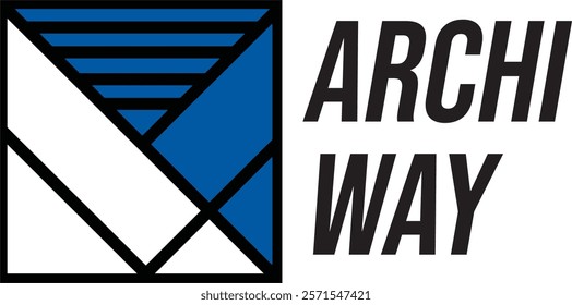 "ARCHI WAY" on the right. The geometric design consists of a combination of blue and white shapes, including triangles and parallelograms, arranged within a black-bordered square. The text "ARCHI WAY"