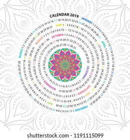Archimedean spiral calendar for 2019 year. with round mandala floral pattern. Vintage style template for your design