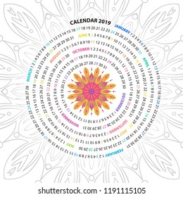 Archimedean spiral calendar for 2019 year. with round mandala floral pattern. Vintage style template for your design