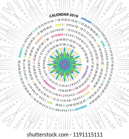 Archimedean spiral calendar for 2019 year. with round mandala floral pattern. Vintage style template for your design