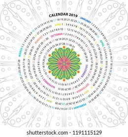 Archimedean spiral calendar for 2019 year. with round mandala floral pattern. Vintage style template for your design
