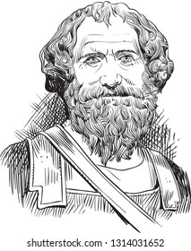 Archimedes (287-212 BC) portrait in line art illustration. He was a Greek mathematician, philosopher and inventor who wrote important works on geometry, arithmetic and mechanics.