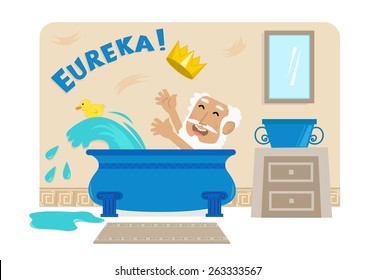 Archimedes In Bathtub - Cartoon Illustration Of Archimedes In His Bathtub With The Golden Crown And The Word Eureka At The Top. Eps10