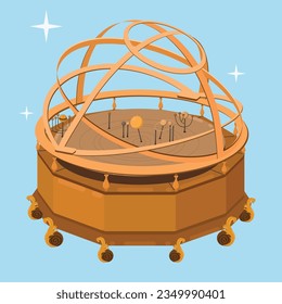 Archimedes Planetarium. Mechanical Planetarium created by Archimedes. Demonstration of the movement of celestial bodies, Sun and Moon. Ancient Solar System Model. Flat Vector Illustration