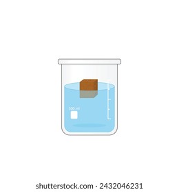 Archimedes Principle, Buoyancy force. Density Measurement. Floating or sinking in water. Wood, experiment with a beaker of water. Vector scientific illustration.