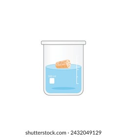 Archimedes Principle, Buoyancy force. Density Measurement. Floating on water. Cork, experiment with a beaker of water. Vector scientific illustration.