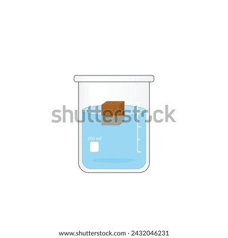 Archimedes Principle, Buoyancy force. Density Measurement. Floating or sinking in water. Wood, experiment with a beaker of water. Vector scientific illustration.