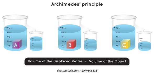 Archimedes Principle Infographic diagram with experiment example of three different objects weights abc each displacing different volume of water or fluid for physics science education and observation