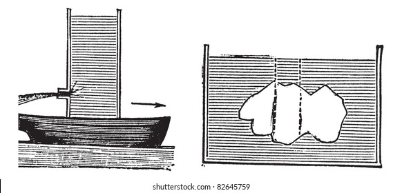 Archimedes principle, vintage engraving. Old engraved illustration of Archimedes principle isolated on a white background.  Trousset encyclopedia (1886 - 1891).
