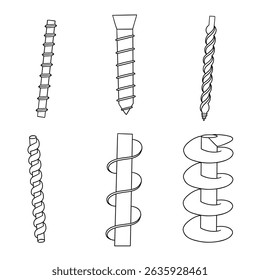 Conjunto de ícone de rabiscar parafuso Arquimedes.  Máquina de bomba de água compressor espiral motor coleção de desenho. Ilustração do vetor físico