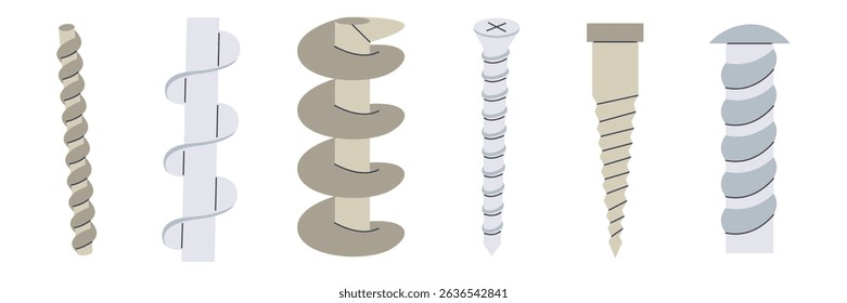 Arquimedes parafuso plano desenho animado ícone set.  Máquina de bomba de água compressor espiral motor coleção de desenho. Ilustração do vetor físico
