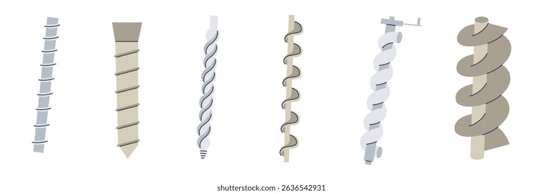 Arquimedes parafuso ícone plano coleção.  Máquina de bomba de água compressor espiral motor conjunto de desenho. Ilustração do vetor físico