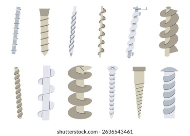 Conjunto de ícone plano de parafuso de Arquimedes.  Máquina de bomba de água compressor espiral motor coleção de desenho. Ilustração do vetor físico