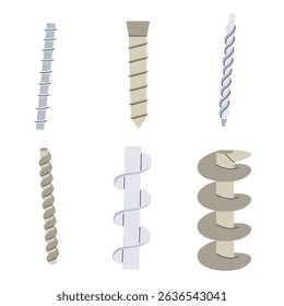 Conjunto plano de ícone de parafuso de Arquimedes.  Máquina de bomba de água compressor espiral motor coleção de desenho. Ilustração do vetor físico