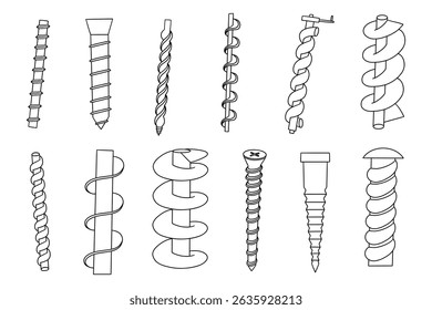 Conjunto de ícone de parafuso Arquimedes.  Máquina de bomba de água compressor espiral motor coleção de desenho. Ilustração do vetor físico