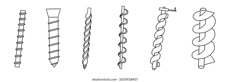 Conjunto de ícone de linha de parafuso Arquimedes.  Máquina de bomba de água compressor espiral motor coleção de desenho. Ilustração do vetor físico