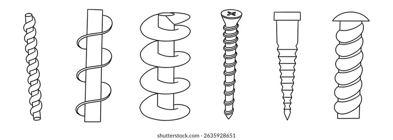 Conjunto de ícone de contorno de parafuso de Arquimedes.  Máquina de bomba de água compressor espiral motor coleção de desenho. Ilustração do vetor físico
