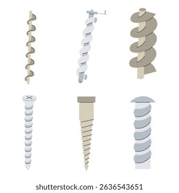 Archimedes screw simple flat icon set.  Water pump machine compressor spiral motor drawing collection. Physics vector illustration