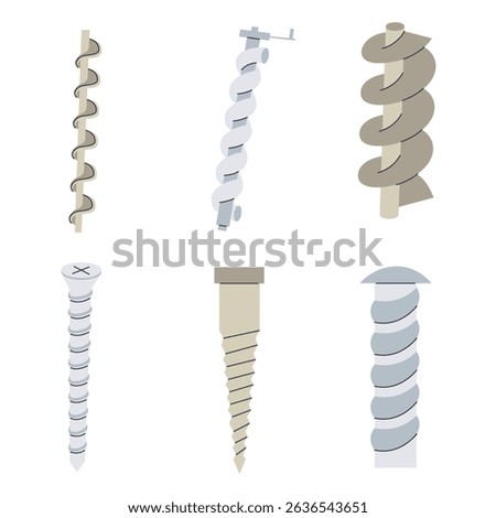 Archimedes screw simple flat icon set.  Water pump machine compressor spiral motor drawing collection. Physics vector illustration
