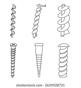 Arquimedes parafuso simples ícone set.  Máquina de bomba de água compressor espiral motor coleção de desenho. Ilustração do vetor físico
