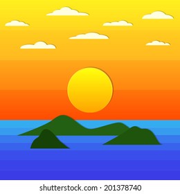 archipelago islands under orange summer sky with cloud and sunset background(vector) 