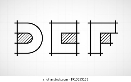 Architech font. Letters DEF. Graphic black and white alphabet. Linear drawing alphabet for banners, logos and texts. Vector illustration.