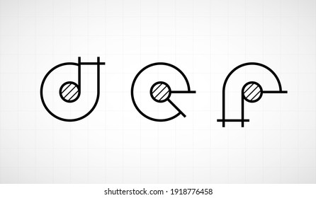 Architech font. Letters lower case def. Graphic black and white alphabet. Linear drawing alphabet for banners, logos and texts. Vector illustration.