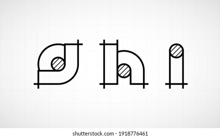 Schriftart Architektur. Briefe unterkriegen ghi. Grafisches schwarz-weißes Alphabet. Lineares Zeichenalphabet für Banner, Logos und Texte. Vektorgrafik.