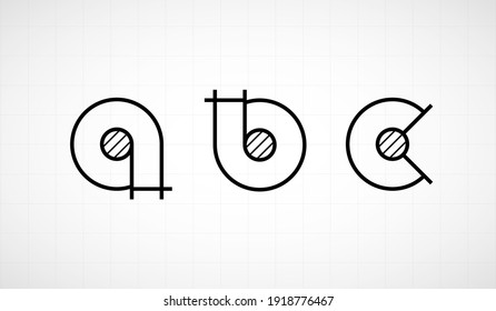 Architech font. Letters lower case abc. Graphic black and white alphabet. Linear drawing alphabet for banners, logos and texts. Vector illustration.