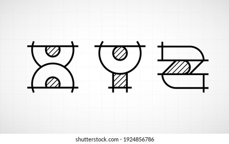 Architech font. Letters lower case xyz. Graphic black and white alphabet. Linear drawing alphabet for banners, logos and texts. Vector illustration.