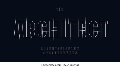 Architect alphabet, blueprint geometric letters, construction plan font for engineering logo, drafting project headline, building floor plan typography, CAD typo graphic. Vector typographic design
