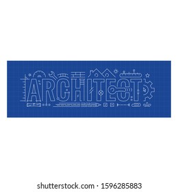 architect and architecture symbols. architect word technical drawing concept. architect letters and symbols on blue background