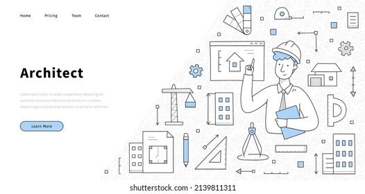 Architect banner with man engineer in helmet and icons of construction industry. Vector landing page of architecture works with doodle illustration of person, house project, measure tools, crane