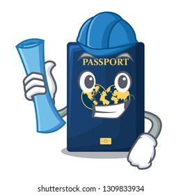 Architect blue passport above character wooden table
