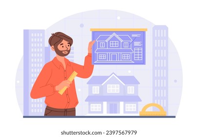Architect with blueprint concept. Man with project of building, construction. Engineer and builder. Planning of real estate. Cartoon flat vector illustration isolated on white background