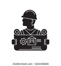 Architect with blueprints black vector concept icon. Architect with blueprints flat illustration, sign
