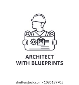 Architect With Blueprints Vector Line Icon, Sign, Illustration On Background, Editable Strokes