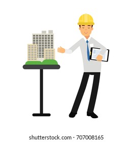 Architect builder character in hard hat presenting a model of new building cartoon vector Illustration