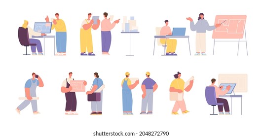 Architect builder characters. Industrial engineering team, experts construction. Flat male female contractors, design worker utter vector collection