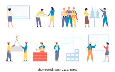 Architect builder characters. Workmen, woman in architecture and flat design. Architects working project, engineering and construction people recent vector set