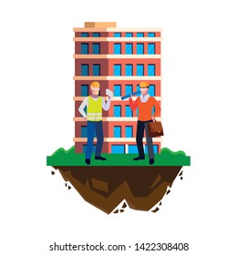 architect builder with constructor workers and building