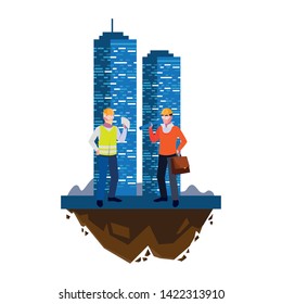 architect builder with constructor workers and building