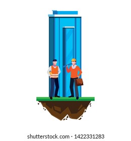 architect builder with constructor workers and building