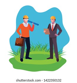 architect builder with engineer on the lawn