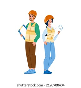 architect builder worker. construction engineer. man woman helmet. building house character web flat cartoon illustration