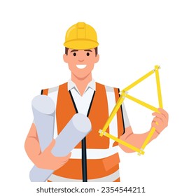 trabajador del constructor de arquitectos. ingeniero de construcción. hombre con casco. Ilustración vectorial plana aislada en fondo blanco